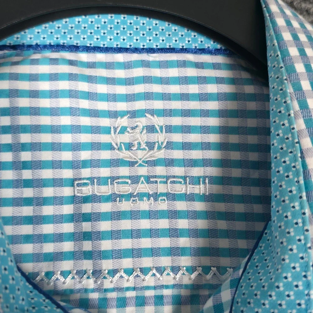 Bugatchi Uomo Mens Blue White Gingham Check Long Sleeve Button Up Shirt‎ 16.5 34